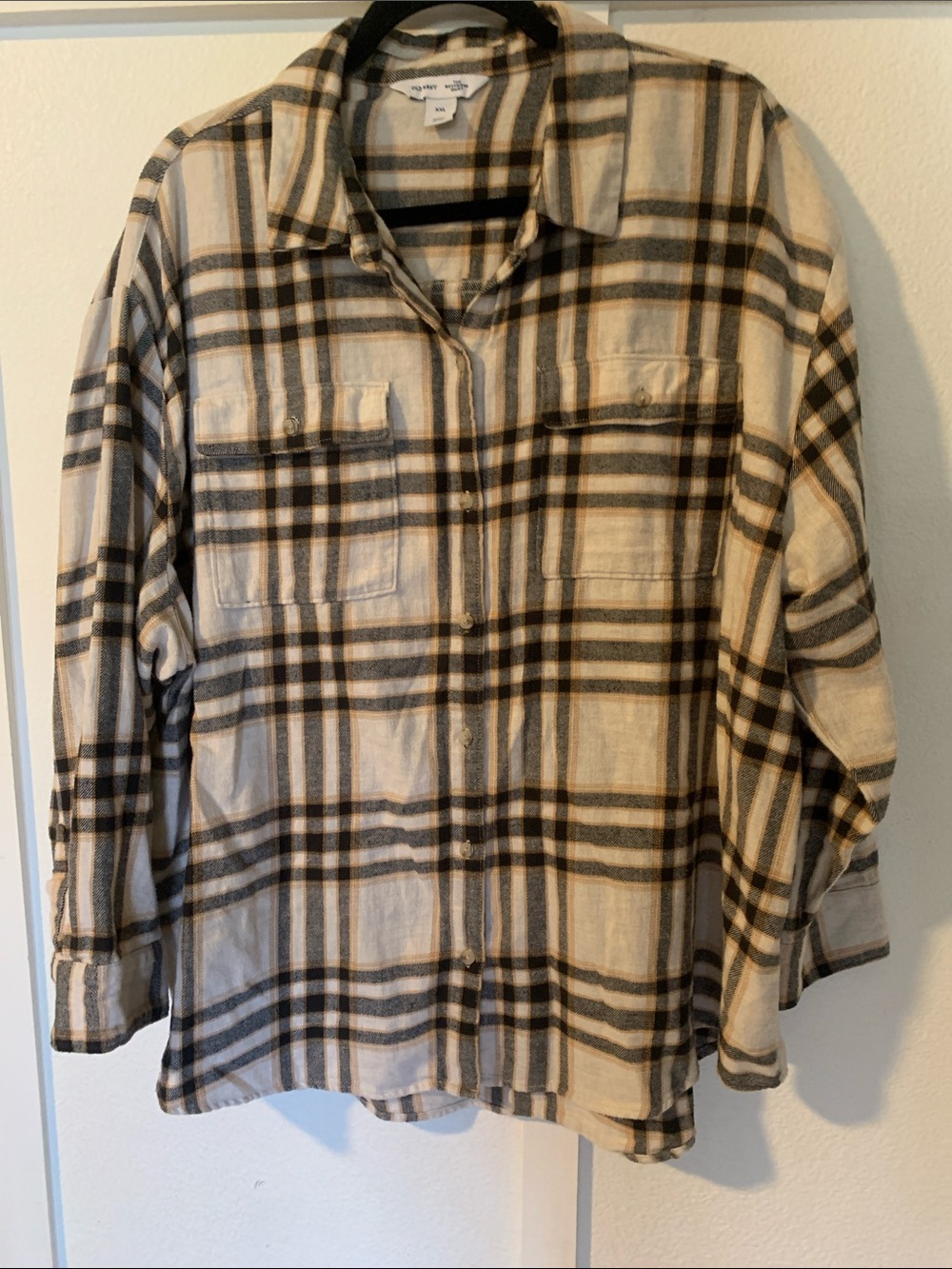 Old Navy Cream, Black and Brown Plaid Button-Down Shirt